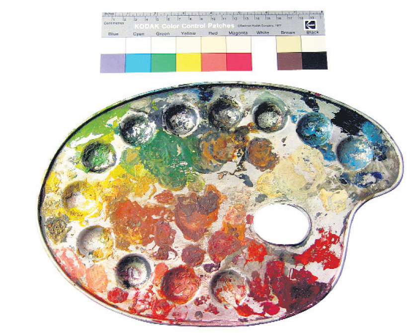 Palette von Rudolf Pracher (1910-1994) aus den 1940er Jahren mit Ölfarben, transparente Erscheinung der Farbe, (Foto M. Pracher)