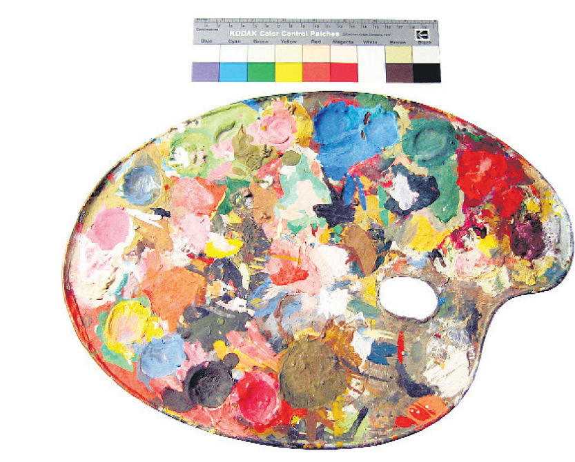 Zum Vergleich: eine Palette von Rudolf Pracher (1910-1994) mit Kaseinfarben, opake Erscheinung der Farbe, (Foto M. Pracher)